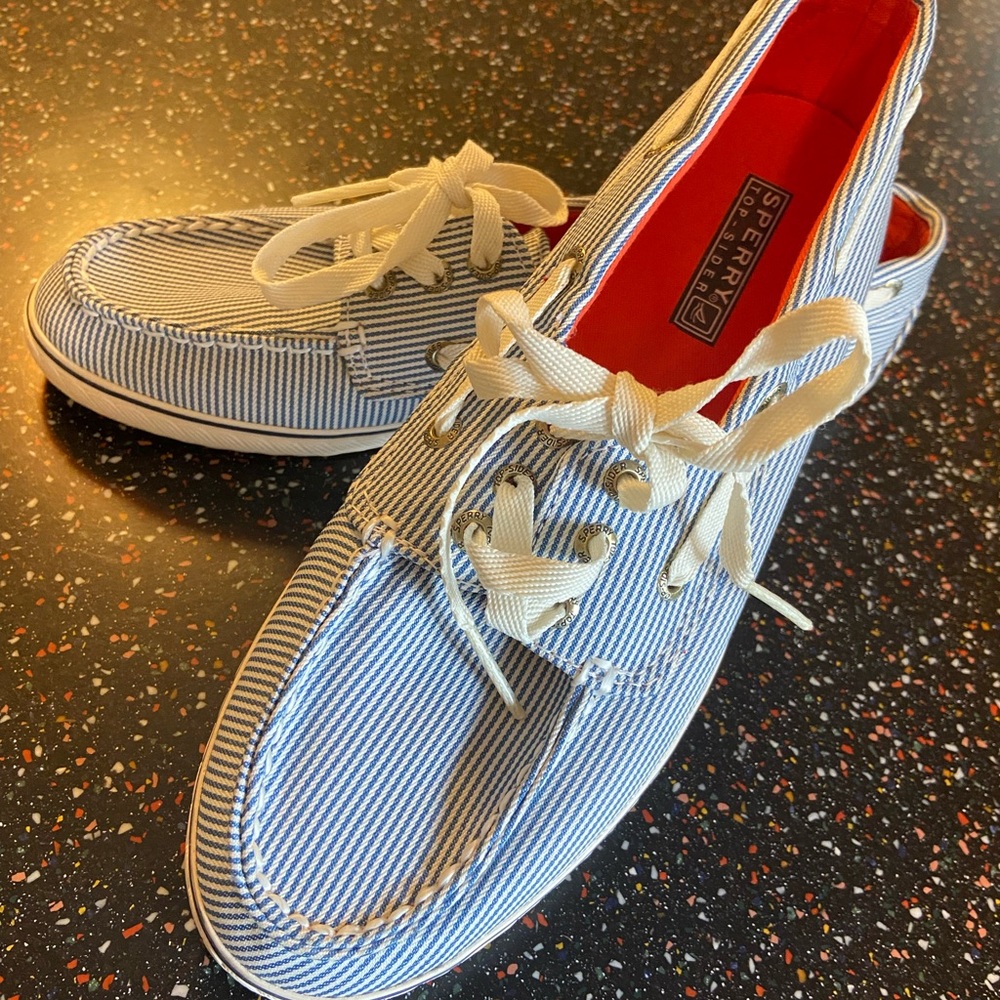 Sperry Blue and White Striped Boat Shoes